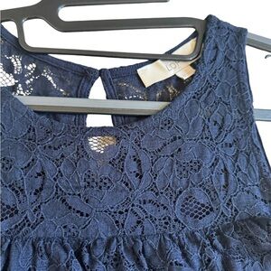 Ann Taylor LOFT Women Blouse Blue Lace Short Cold Shoulder Sleeve Scoop